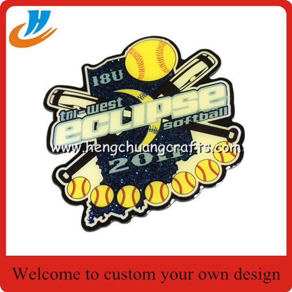 US custom metal badge pin, New design baseball logo badge with epoxy
