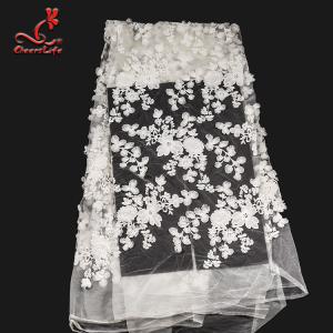 White 3d Embroidered Lace Fabric For Wedding Dress With Elastic Nylon Net