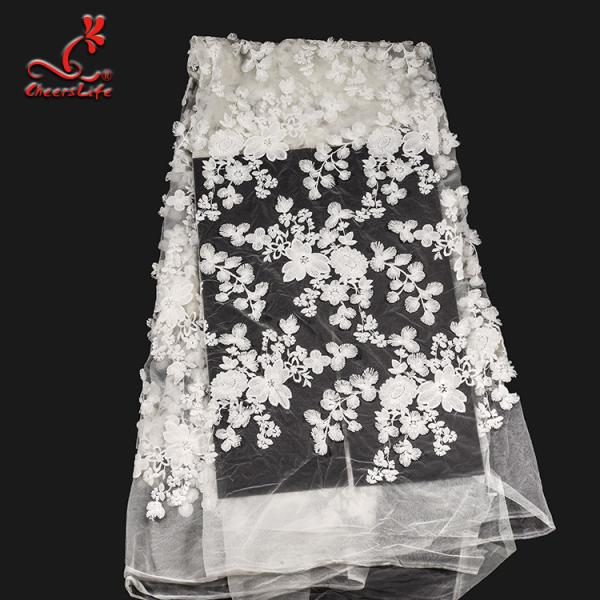 Quality White 3d Embroidered Lace Fabric For Wedding Dress With Elastic Nylon Net wholesale