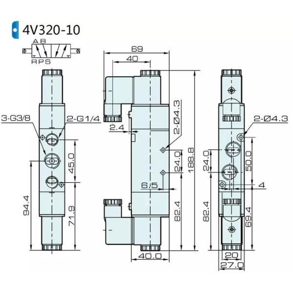 Dimension of 4V320-08 Pneumatic Solenoid Valve: