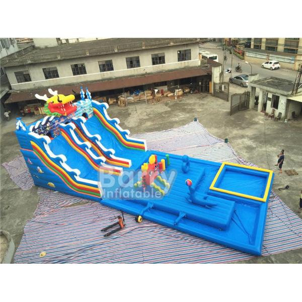Summer Dragon Heald Blue Big Inflatable Water Slides With Pool For Kids Amusement