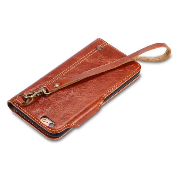 High Quality Cell phone accessories Genuine Leather wallet card leather case for iPhone 8 with a Lanyard
