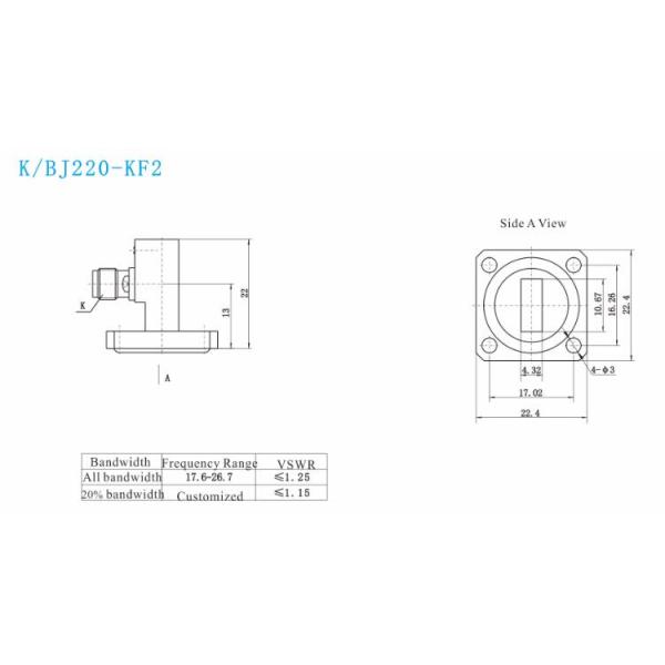 WR42 K 2.92mm Waveguide To Coaxial Adapter Square Cover Grooved Flange K/BJ220-KF2