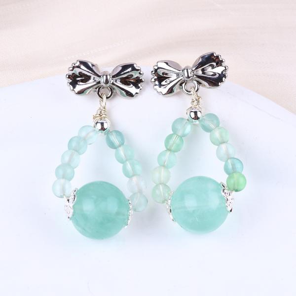 Handmade Crystal Stone Earrings Green Flourite Gemstone Beaded Bow Charms Pendant Earrings