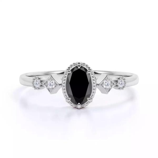 Quality Oval Cut Black and White Diamond Accents Milgrain 5 Stone Engagement Ring 1.5 Carat wholesale