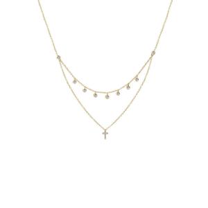 Two Layer Bezel Set Diamond Cross Pendant Rhodium Gold Plated Chain Necklace