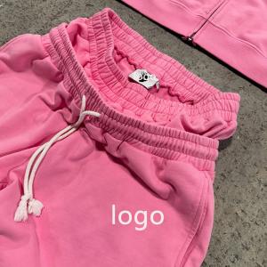 Custom Logo Zip up Hoodie pink Double Waist Sweat Track Baggy Pant Acid Washed