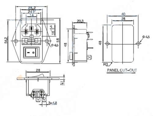 C14 recessed socket with switch