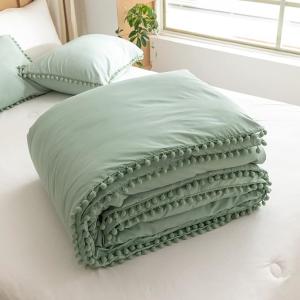 Sage Green Bohemian Microfiber Comforter Set with Pom Fringe