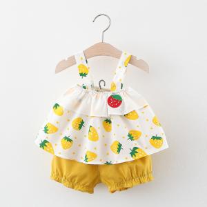 China Summer Cool And Breathable Children's Outfit Sets Girls Pumpkin Pants Design Fruit Design Two Piece Set on sale