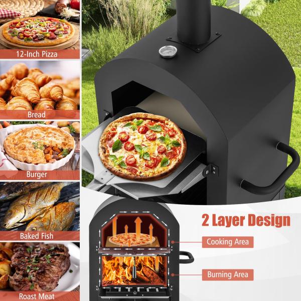 Waterproof Cover Included 2-Layer Wood Fired Pizza Oven with 30*30*1.0cm Pizza Stone