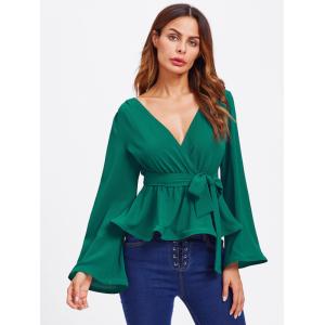 Bell Sleeve Wrap Blouse with Deep V Neck