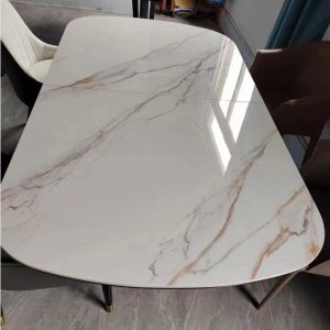 SAI Marble Printing Tempered Art Glass Rectangular Dining Table