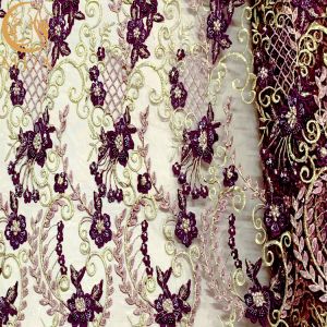 OEM African Styles Purple Applique Lace Fabric With Beads
