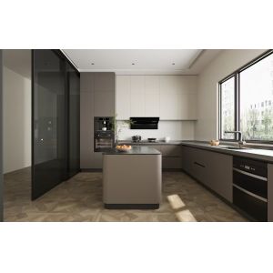 Fadior L Shaped Curved Island Kitchen In Chestnut Brown And Beige With Black