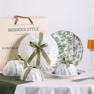 China Green Floral Ceramic Plates Sets For 6 Users Exquisite Porcelain Utensils Included on sale