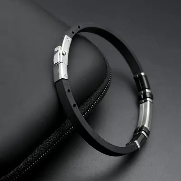 Stainless Steel Soft Rubber Bracelet with Carbon Fiber Plate Punk Style White Setting CZ Silicone Luxury Men's Jewelry
