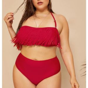 2019 New Plus Size Two piece Tassel High Waist Swimsuit Women Push up
