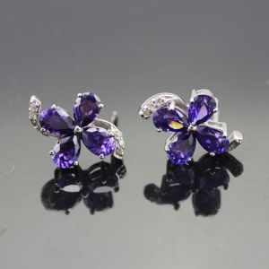 Sterling Silver Amethyst Cubic Zircon Quatrefoil Stud Earrings(E02)