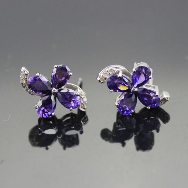 Quality Sterling Silver Amethyst  Cubic Zircon Quatrefoil Stud Earrings(E02) wholesale