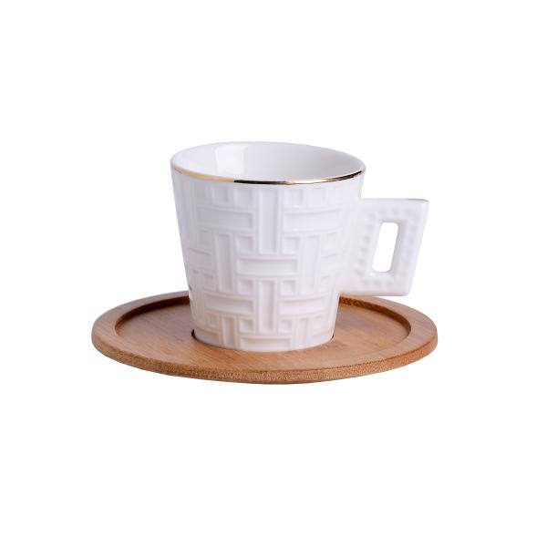 Embossed Porcelain Cup Set White Turkish Espresso Coffee Cups With Bamboo Saucers