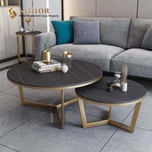 50cm Lightweight Black Round Marble Coffee Table Set Of 2 With Gold Legs