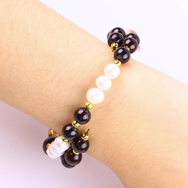 Custom DIY 8MM Garnet And White Pearl With Flower Spacer Bead Double Bangle For Daily Wear