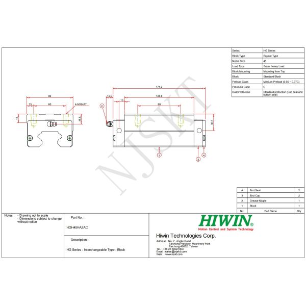 HIWIN HGH45HA Linear Guideway Block HG Type Linear Ball Bearing