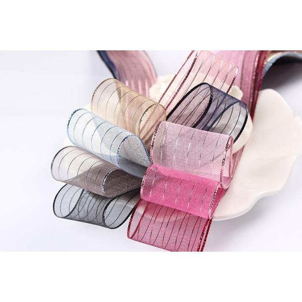 Quality 10mm-25mm  Gold Line Striped Polyester Organza Ribbon for Gift Wrapping and Boxes Packing or Ribbon Bow wholesale