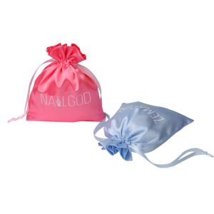 Small Pink Satin Drawstring Bags With Logo Screen Printed