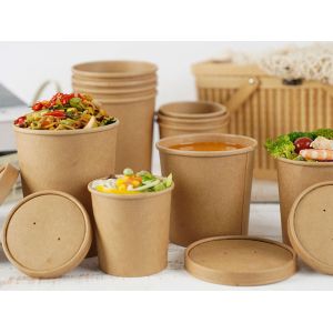 Disposable Take Away Kraft Paper Biodegradable Soup Cups With Lid