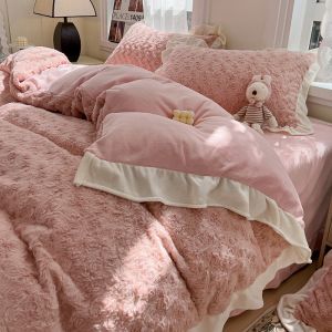 2023 Hot Lace Rose Rabbit Plush Four-Piece Set Comforter Set with Solid Pattern