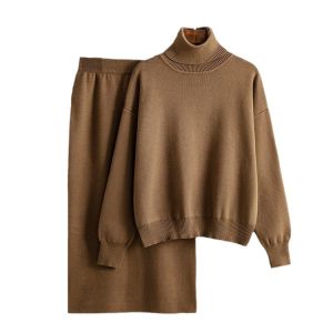 China Women s Sweaters Regular Fit Free Shipping Available Now New Solid Color High Neck Sweater Half body Wrap Hip Skirt Set on sale
