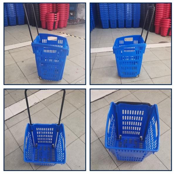 Single Steel Handle HDPP Rolling Shopping Baskets With Two Wheels