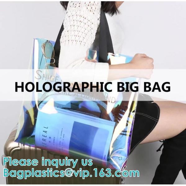 Neon Rainbow Hologram PVC Tote Bag custom holographic handbag PVC handle beach