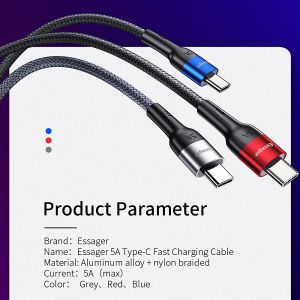Essager 5A Type C Fast Cable 1M 2M Fast Charging USB 2.0 Data Transfer Type C