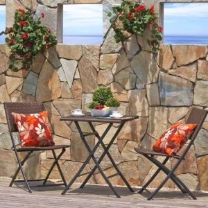 Outdoor Courtyard Furniture Set with Foldable PE Rattan Wicker Dining Table and