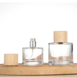 round clear transparent wooden cap perfume glass bottles custom luxury 100ml