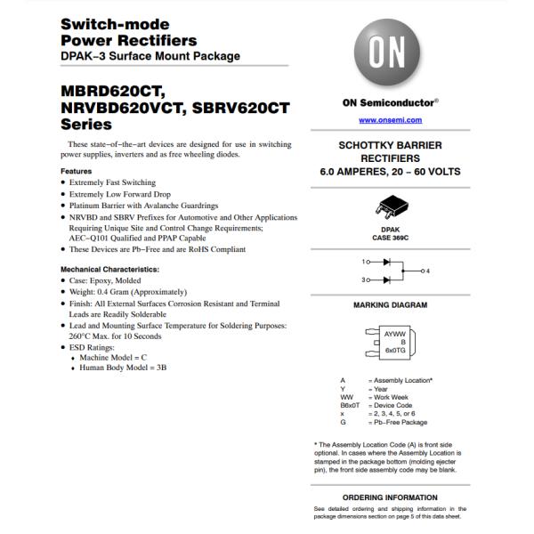 MBRD660CTRLG Diode Array 1 Pair Common Cathode 60 V 3A Surface Mount TO-252-3