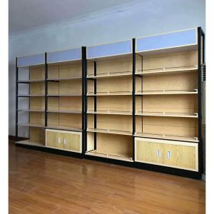 Factory customized color size wood grain shelf store supermarket supplies