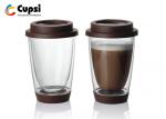 200ml Brown Double Wall Glass Travel Mug Silicone Lid / Base Humanized Design