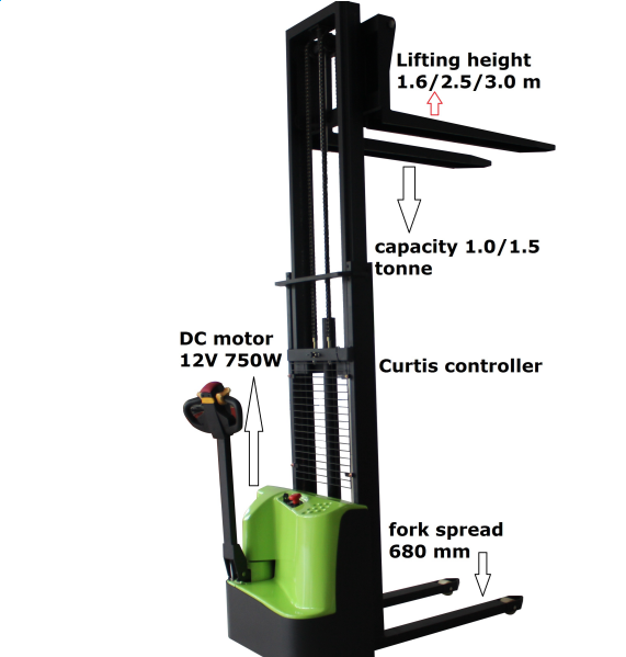 1600~3000mm Walking Type Electric Pallet Stacker Capacity 1000kKG(2200lbs)