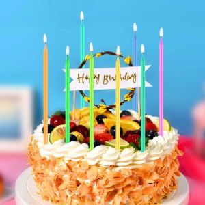 Greetings Birthday Candles, Multicolored Long Thin & Happy Birthday Text On