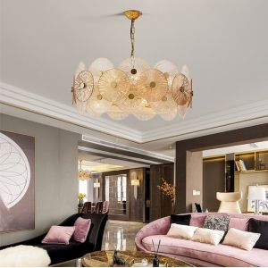 Post Modern Round Metal Led Pendant Lights Glass Lotus Leave Chandelier(WH-MI