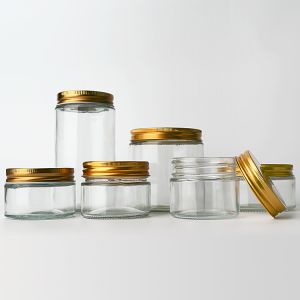 Factory Supply 8oz 12oz Empty Clear Candy Round Containers Glass Jars With Gold