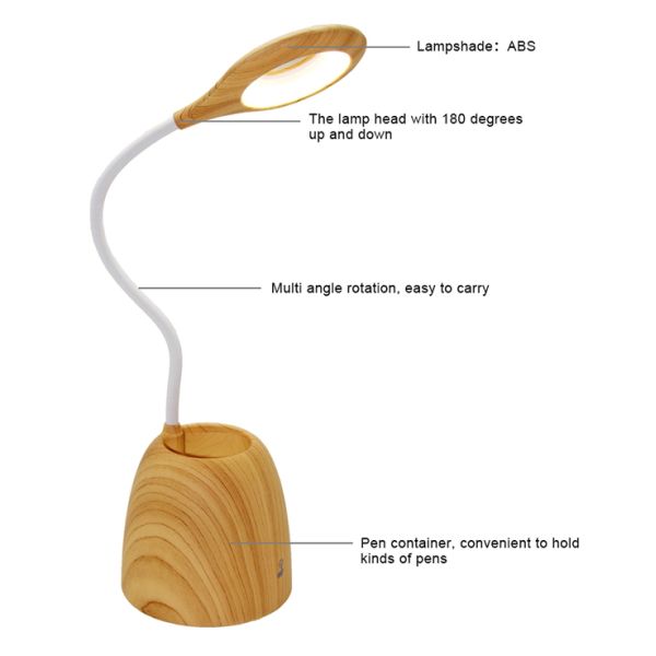 White Goose Neck Led Light Table Lamp Touch Control With Wood Grain Pen Holder