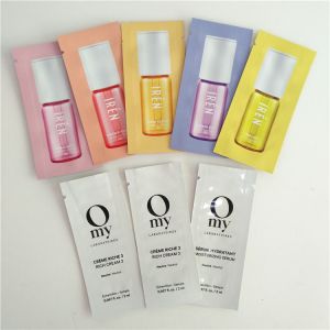 China Heat Sealed Cosmetics Sample Packaging Sachets Flat Pouch Mylar Foil 3 Sides Seal Bags on sale