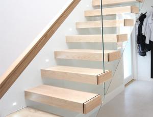 Wooden Tread Railing Building Floating Stairs , Floating Glass Staircase With Top Handrail