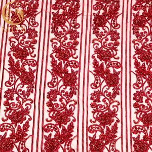 Red 3D Beaded Lace Fabric Handmade Embroidery With Sequins