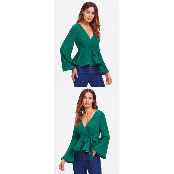 Bell Sleeve Wrap Blouse with Deep V Neck
